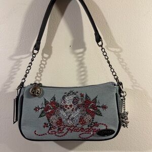 NWT Ed Hardy Denim Shoulder Bag Love Kills Slowly Rhinestone Y2K Tattoo Purse